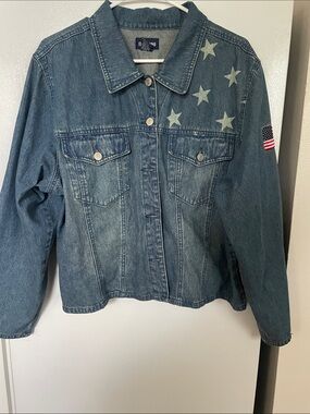 Baccini Size 22 100% Cotton America Blue Denim Jacket Star Print Flag Patch
